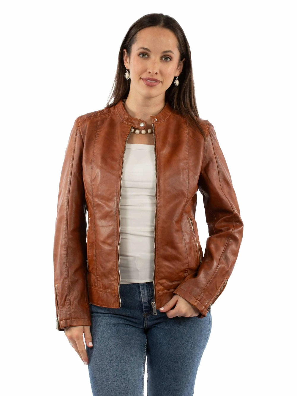 Leatherwear womens 100% leather Cognac soft lamb Ladies mc jacket - Scully Leather - Flyclothing LLC