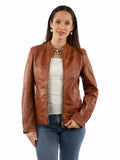 Leatherwear womens 100% leather Cognac soft lamb Ladies mc jacket - Scully Leather - Flyclothing LLC