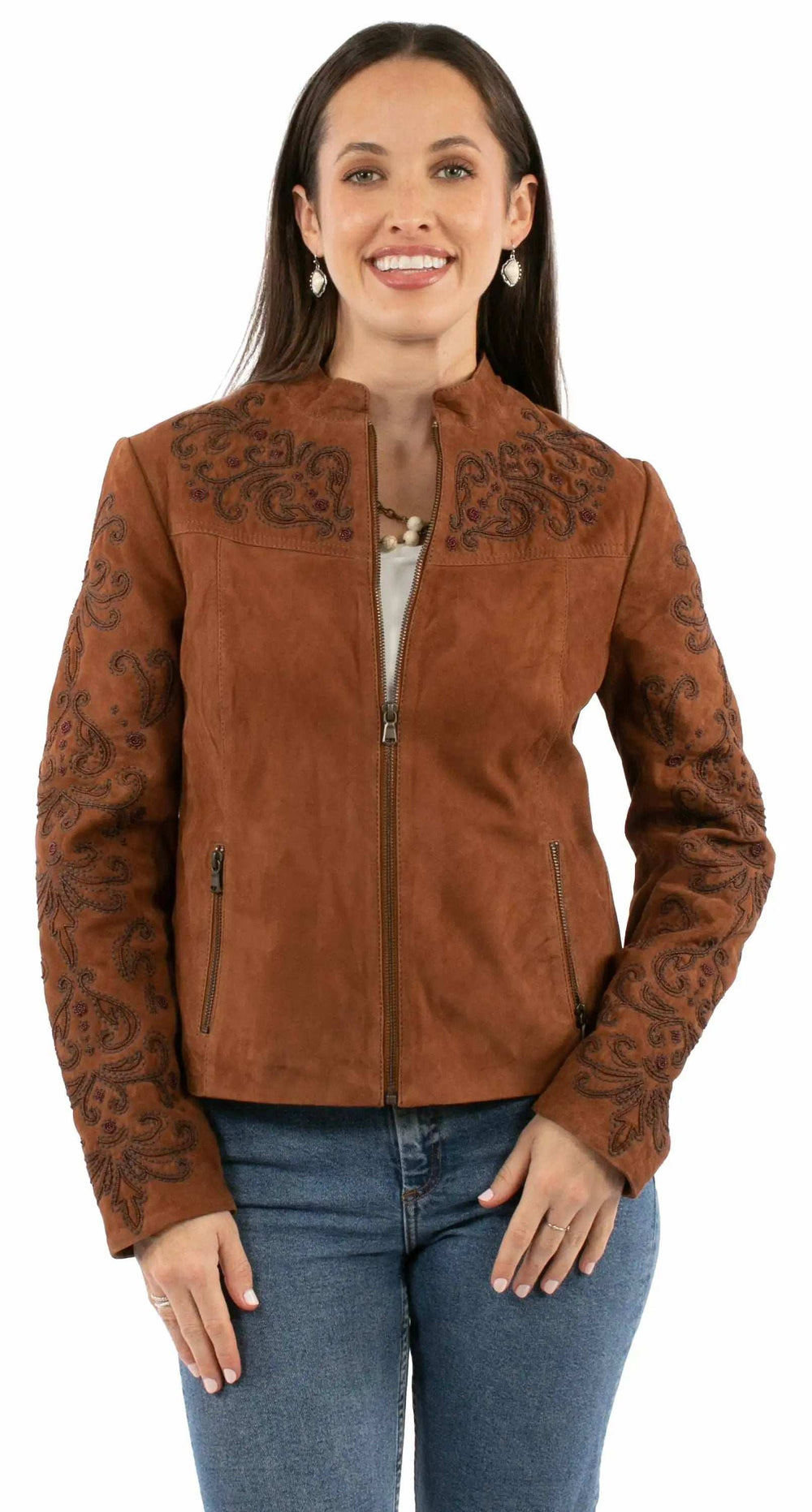 Leatherwear womens 100% leather Brown Ladies beaded jacket - Scully Leather - Flyclothing LLC