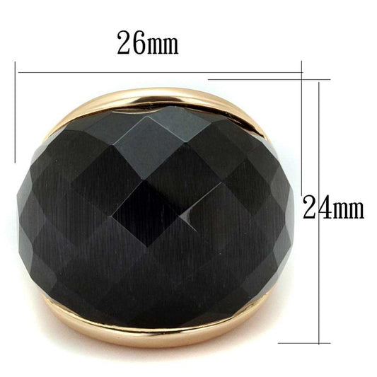 LO3907 - Rose Gold Brass Ring with Synthetic Cat Eye in Jet - Alamode - Flyclothing LLC