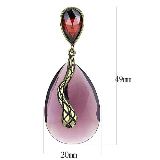 LO4187 - Antique Copper Brass Earrings with Synthetic Synthetic Glass in Amethyst - Alamode - Flyclothing LLC