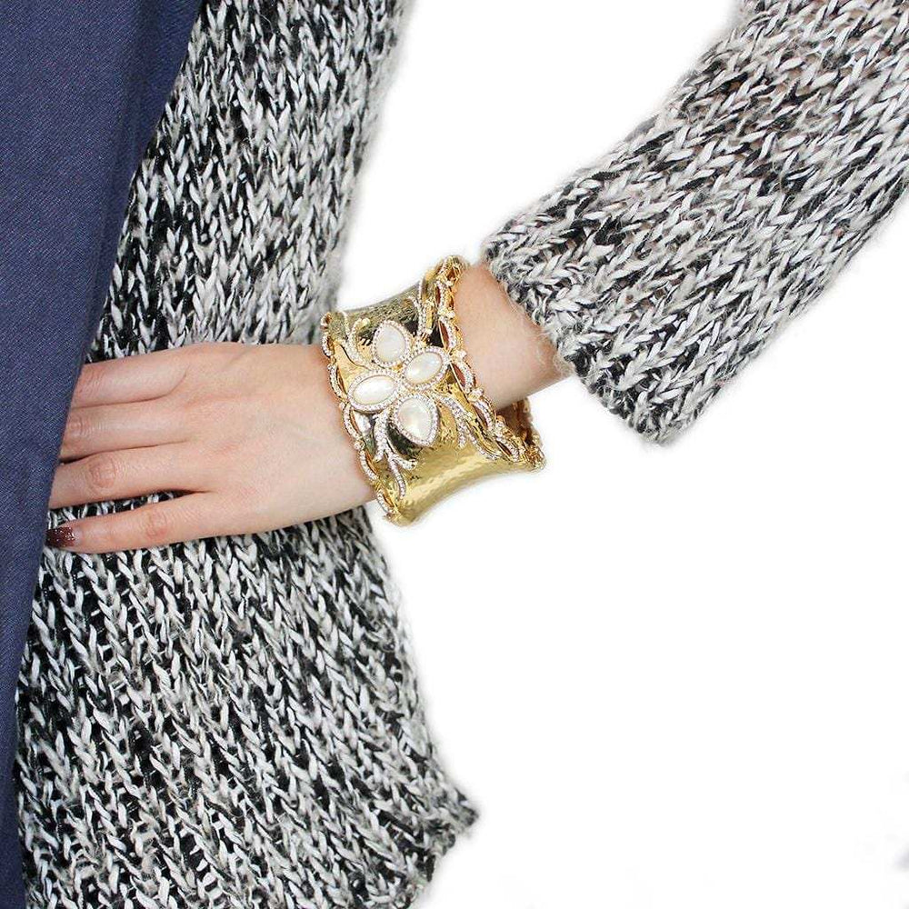 LO4285 - Gold Brass Bangle with Synthetic in White - Alamode - Flyclothing LLC