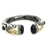 LO4298 - Gold+Hematite Brass Bangle with Synthetic Onyx in Jet - Alamode - Flyclothing LLC