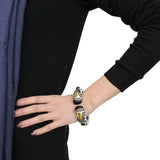 LO4298 - Gold+Hematite Brass Bangle with Synthetic Onyx in Jet - Alamode - Flyclothing LLC
