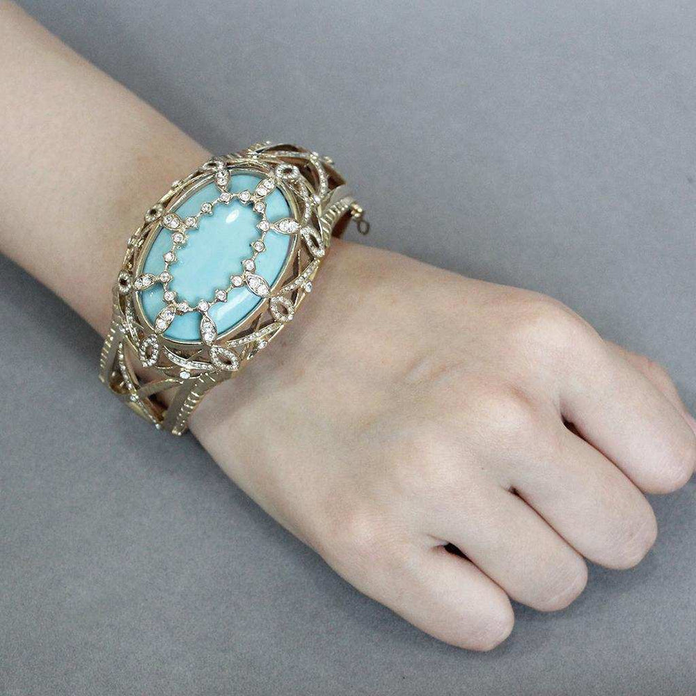 LO4348 - Gold Brass Bangle with Synthetic in Sea Blue - Alamode - Flyclothing LLC