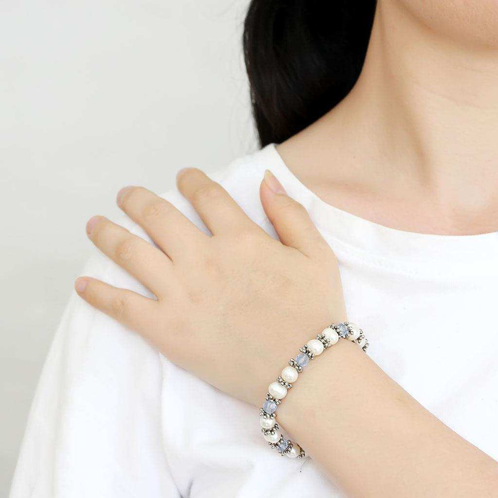LO4652 - Antique Silver White Metal Bracelet with Synthetic Pearl in Sea Blue - Alamode - Flyclothing LLC