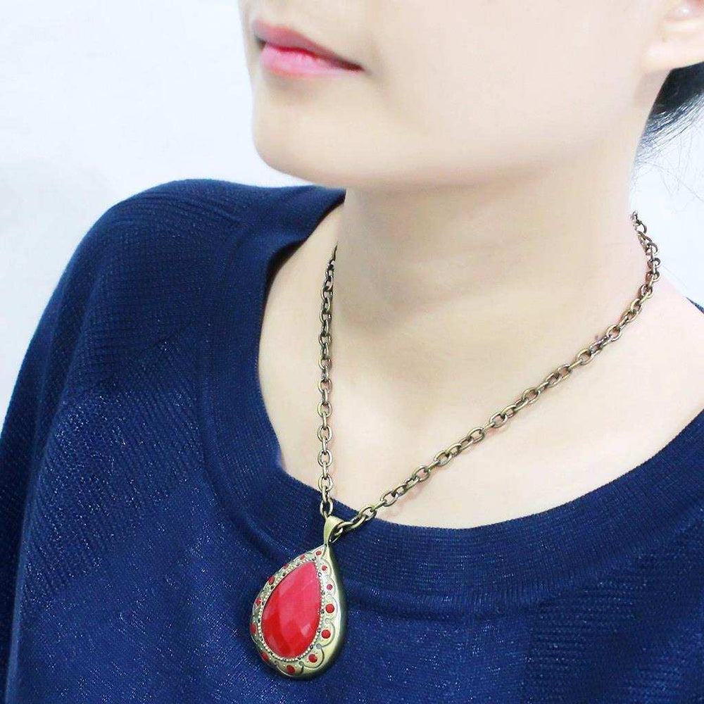 LO4686 - Antique Copper Brass Chain Pendant with Synthetic Synthetic Stone in Red Series - Alamode - Flyclothing LLC