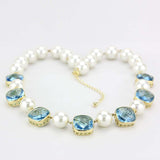 LO4706 - Gold Brass Necklace with Synthetic Synthetic Glass in Sea Blue - Alamode - Flyclothing LLC