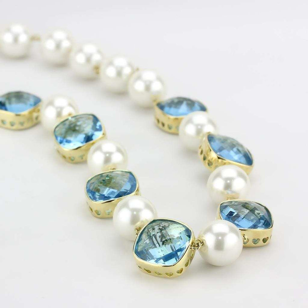 LO4706 - Gold Brass Necklace with Synthetic Synthetic Glass in Sea Blue - Alamode - Flyclothing LLC