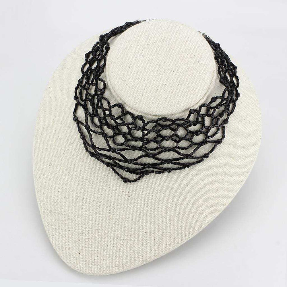 LO4716 - Rhodium Brass Necklace with Synthetic Synthetic Glass in Jet - Alamode - Flyclothing LLC