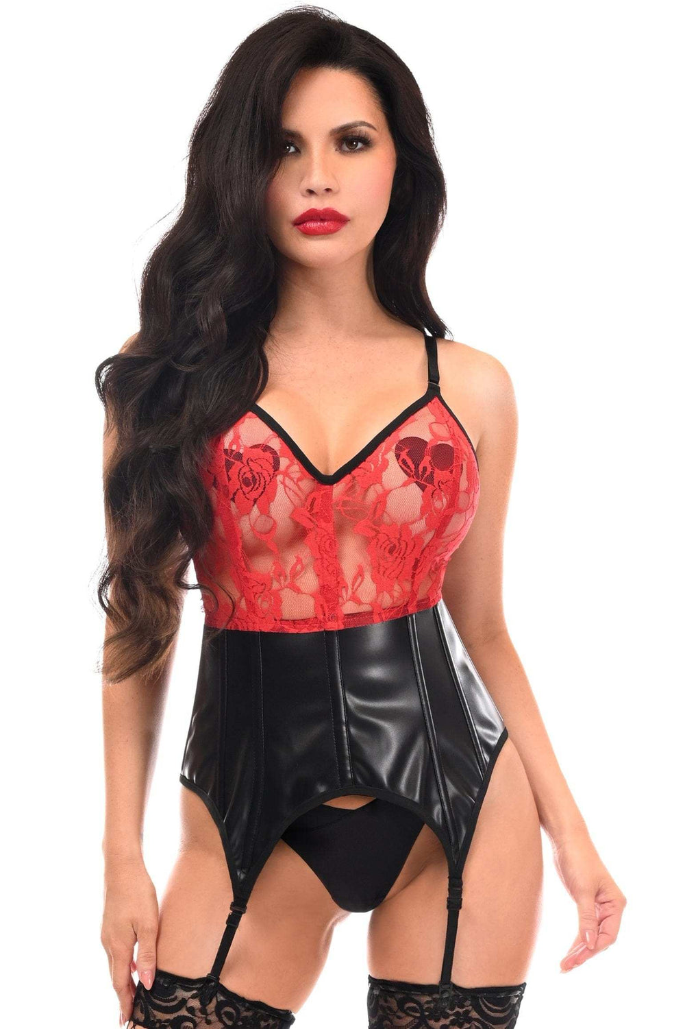 Daisy Corsets Lavish Black/Red Wet Look & Lace Bustier Corset w/Garters - Daisy Corsets - Flyclothing LLC