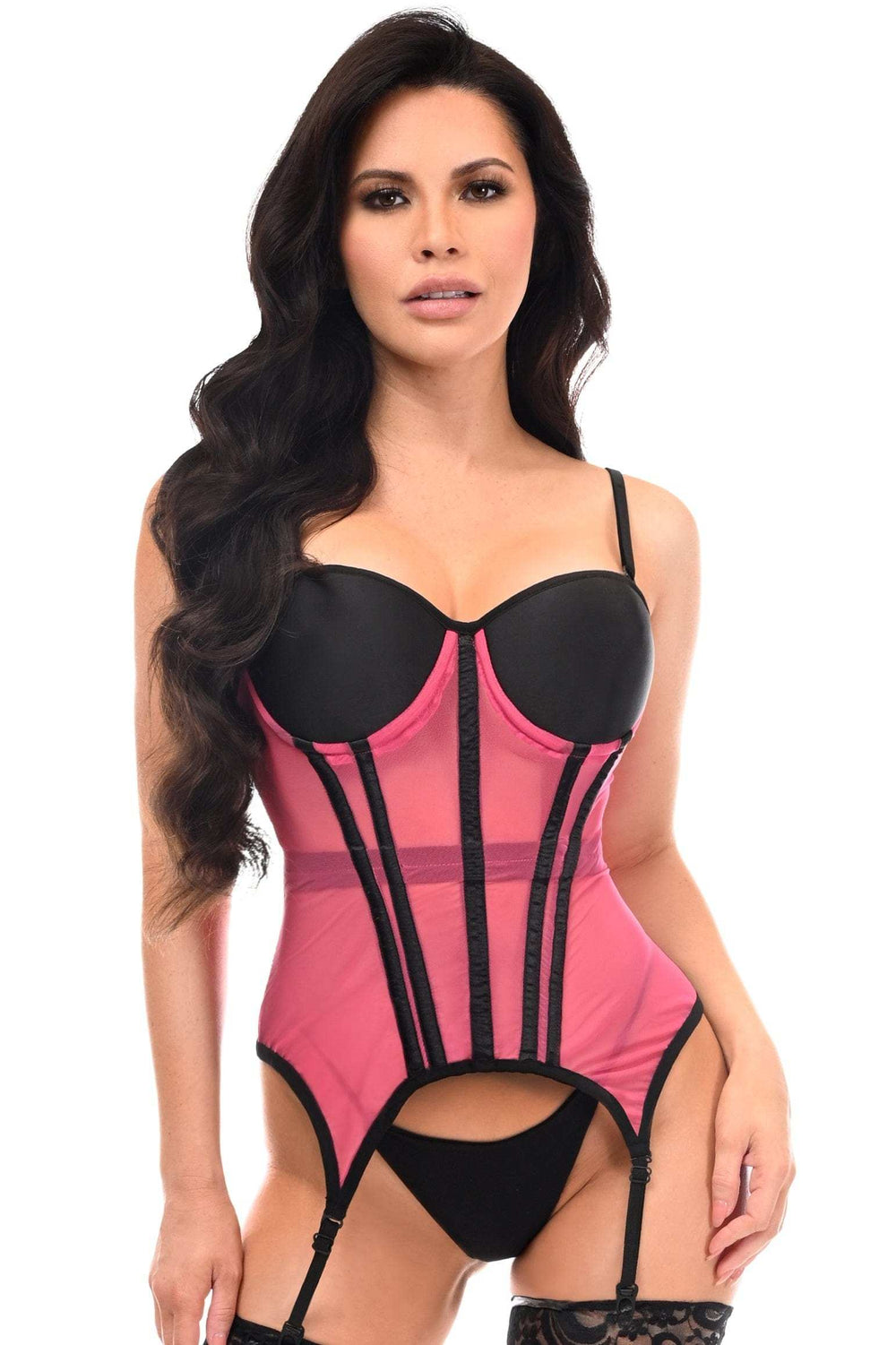 Daisy Corsets Lavish Pink/Black Mesh Underwire Bustier Corset w/Garters - Daisy Corsets - Flyclothing LLC