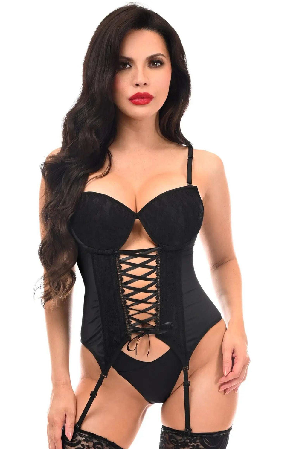 Daisy Corsets Lavish Black Lycra & Lace Hook & Eye Lace-Up Bustier Corset w/Garters - Daisy Corsets - Flyclothing LLC