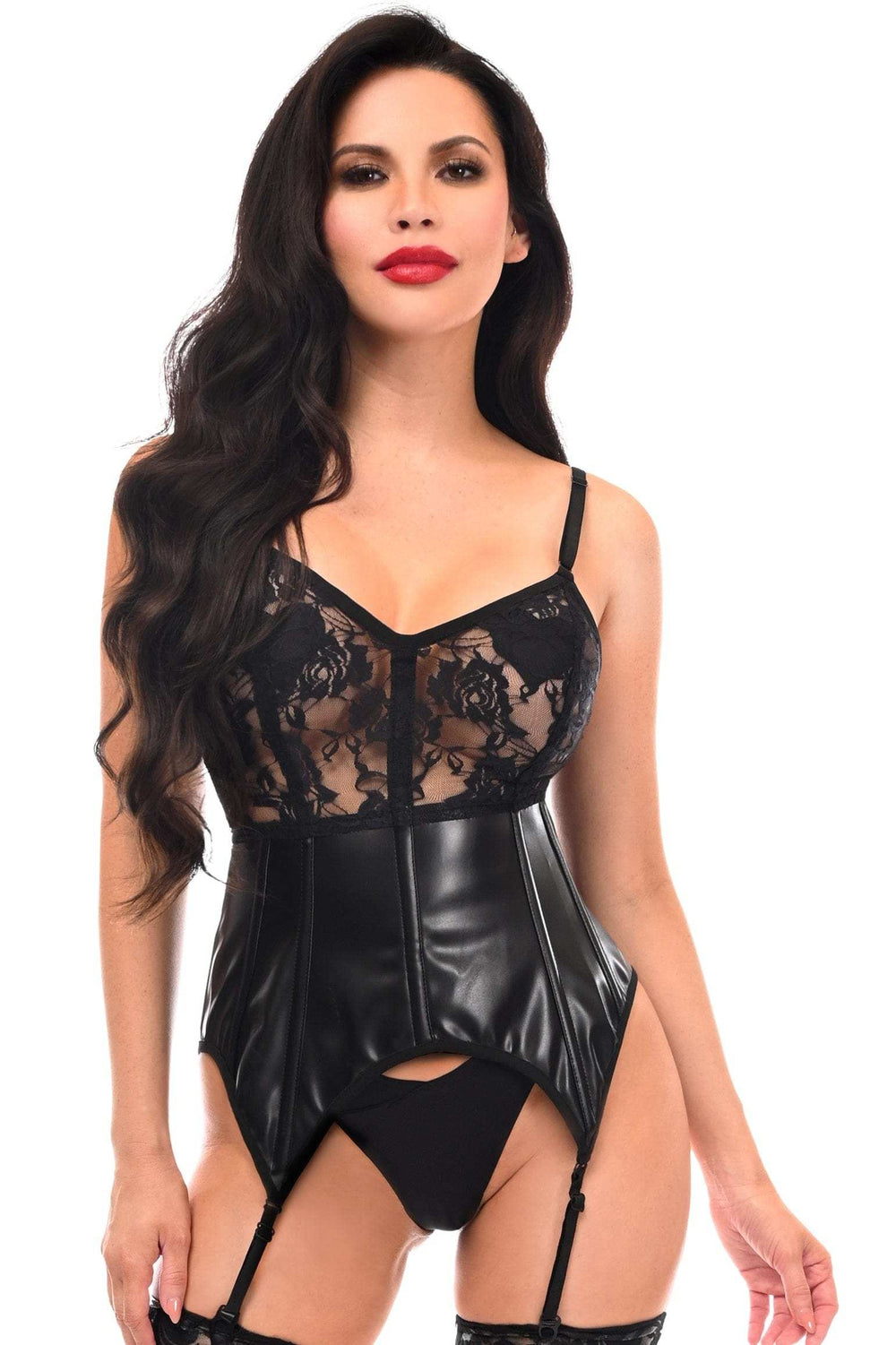Daisy Corsets Lavish Black Wet Look & Lace Bustier Corset w/Garters - Daisy Corsets - Flyclothing LLC
