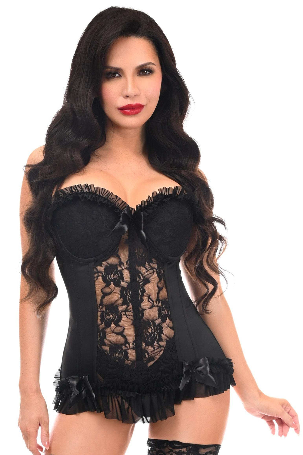 Daisy Corsets Lavish Black Lycra & Lace Hook & Eye Stretch Bustier Corset - Daisy Corsets - Flyclothing LLC