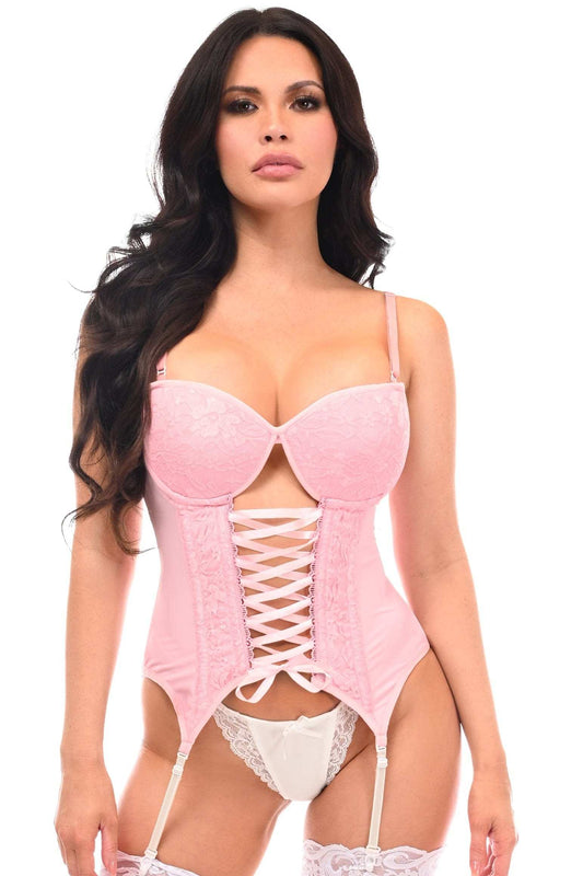 Daisy Corsets Lavish Lt Pink Lycra & Lace Hook & Eye Lace-Up Bustier Corset w/Garters - Daisy Corsets - Flyclothing LLC