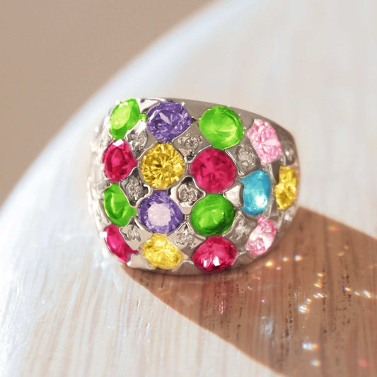 Leanna Cocktail Ring - Rhodium Brass, AAA CZ , Multi Color - 7X150 - Alamode - Flyclothing LLC
