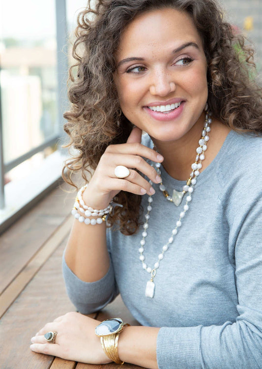 White Pearl Golden Stretch Bracelet Set - Barse Jewelry - Flyclothing LLC