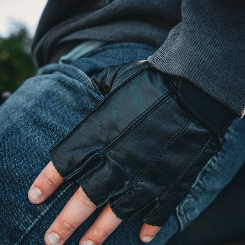 Mens Fingerless Leather Gloves - Unik Just for Bikers - Flyclothing LLC