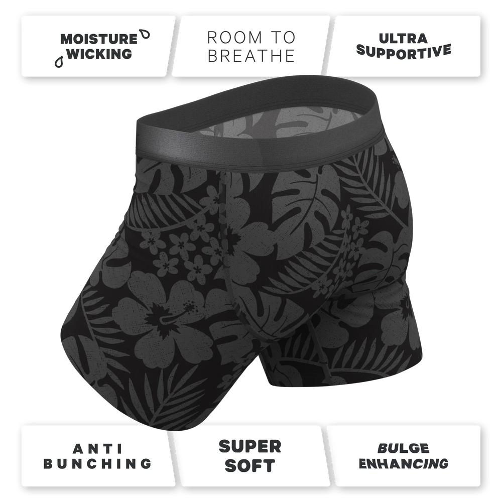 The Midnight Flora | Black Tonal Tropical Ball Hammock® Pouch Underwear With Fly - Shinesty - Flyclothing LLC