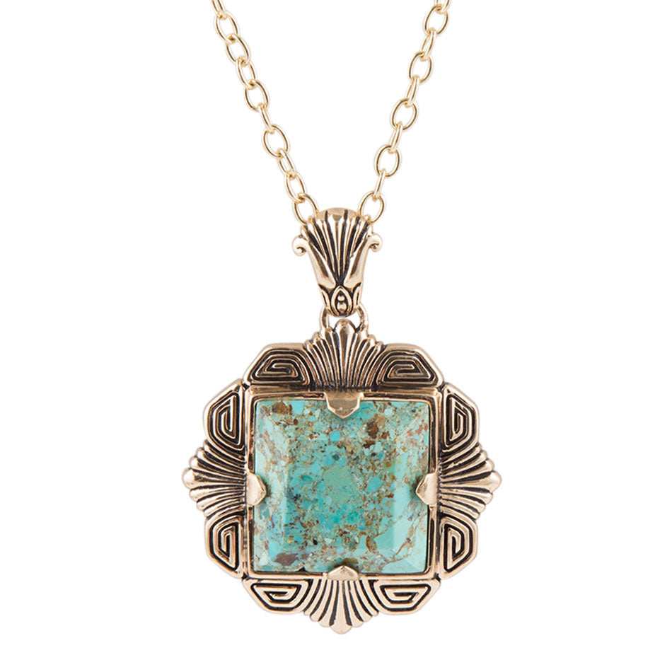 Blue Turquoise Square Golden Pendant Necklace - Barse Jewelry - Flyclothing LLC