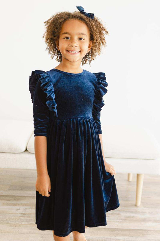 Navy Velvet Ruffle Twirl Dress - Mila & Rose ® - Flyclothing LLC