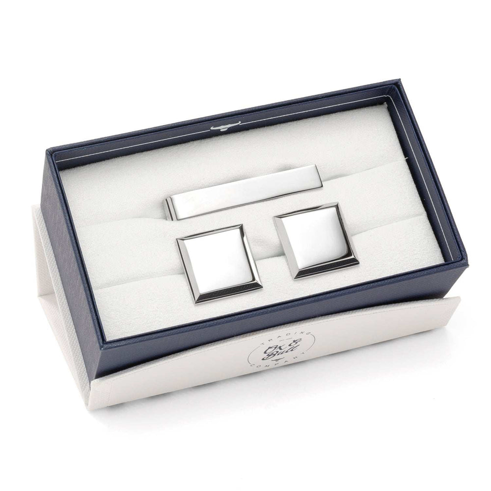 Stainless Steel Beveled Square Engravable Cufflinks and Tie Bar Gift Set - Cufflinks.com - Flyclothing LLC