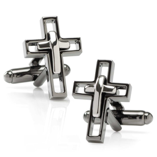 Gun Metal Cut Out Cross Cufflinks - Cufflinks.com - Flyclothing LLC