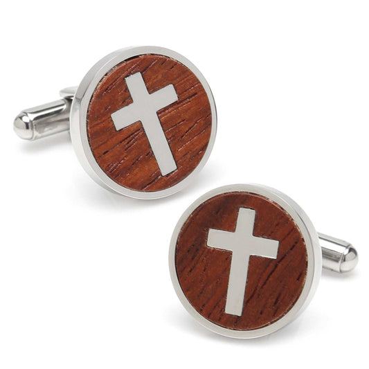 Cross Round Wood Stainless Steel Cufflinks - Cufflinks.com - Flyclothing LLC