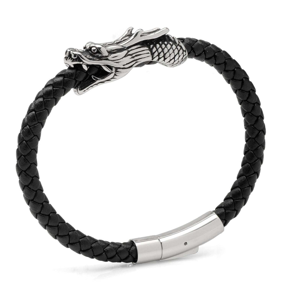 Dragon Head Braided Black Leather Bracelet with Magnetic Closure - Cufflinks.com - Flyclothing LLC