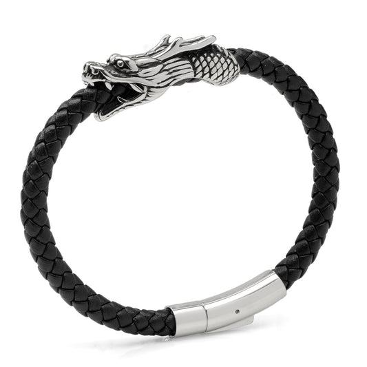Dragon Head Braided Black Leather Bracelet with Magnetic Closure