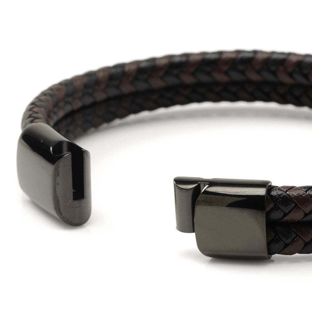 Black and Brown Braided Leather Bracelet with Gunmetal Stainless Steel Magnetic Clasp - Cufflinks.com - Flyclothing LLC