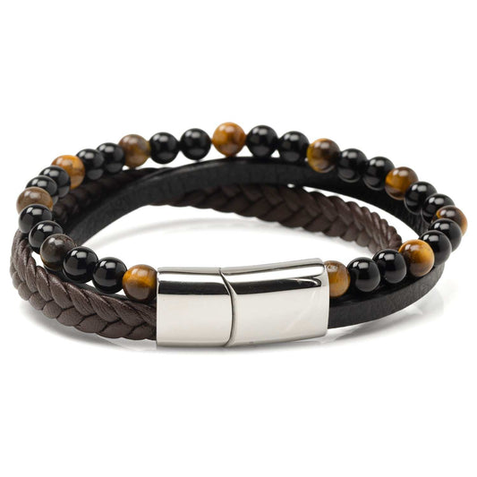 Stainless Steel Stacked Brown Leather Bracelet with Tigers Eye - Cufflinks.com - Flyclothing LLC