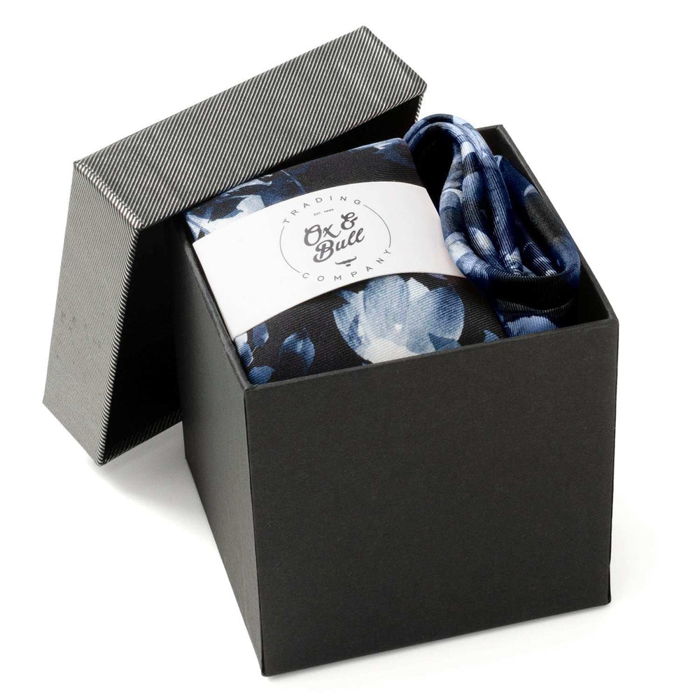 Painted Floral Blue Necktie and Pocket Square Gift Set - Cufflinks.com - Flyclothing LLC