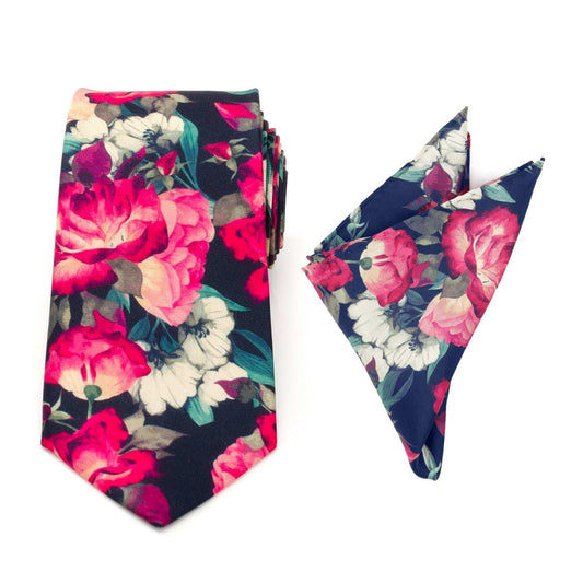 Painted Floral Navy Necktie and Pocket Square Gift Set - Cufflinks.com - Flyclothing LLC