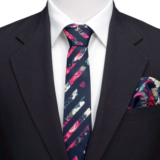 Painted Floral Navy Stripe Silk Men's Tie - Cufflinks.com - Flyclothing LLC