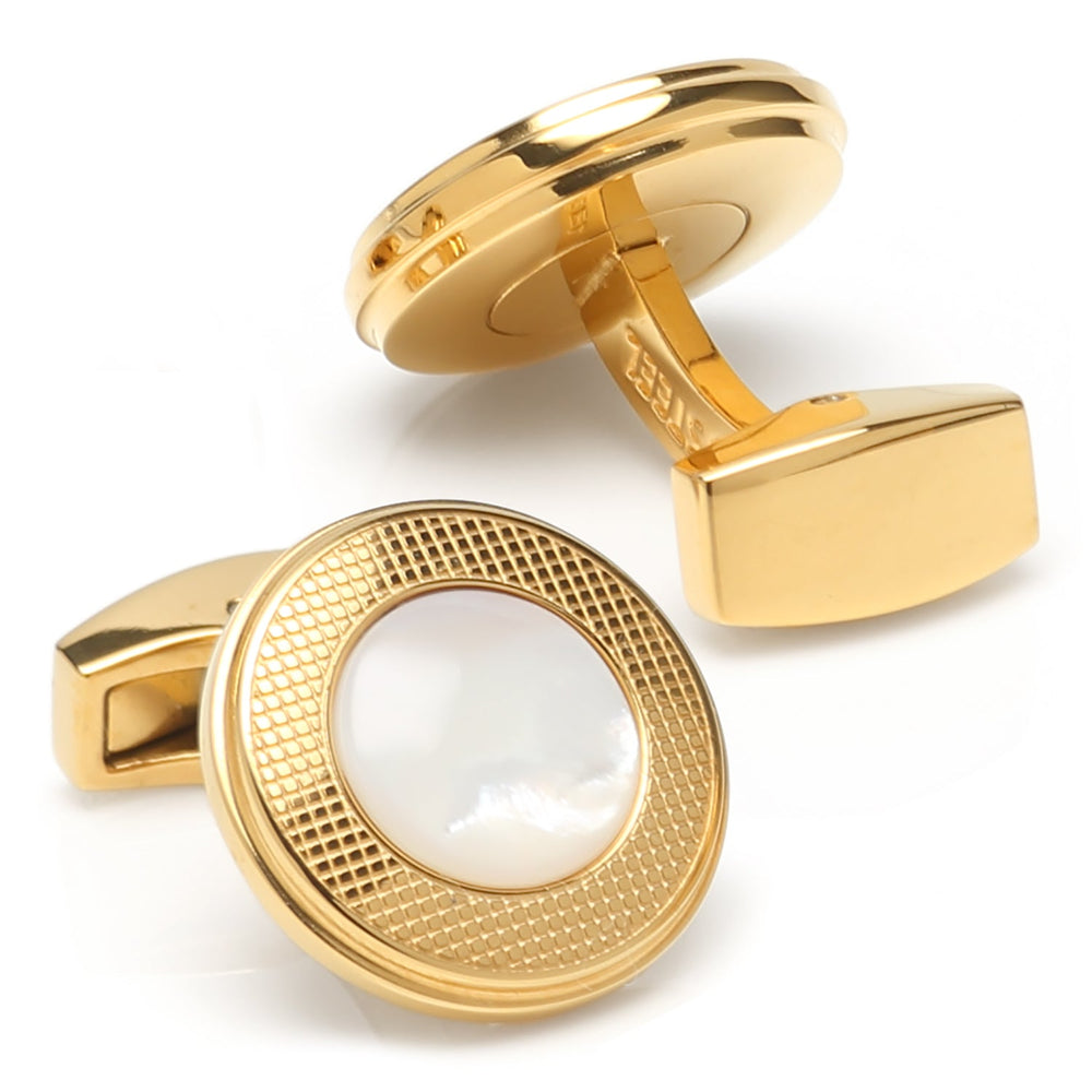 Mother of Pearl Round Gold Stainless Steel Cufflinks - Cufflinks.com - Flyclothing LLC