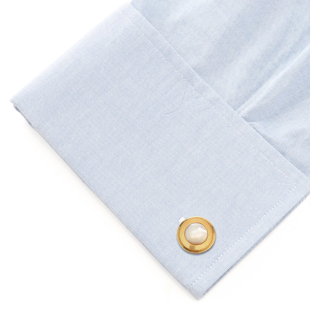Mother of Pearl Round Gold Stainless Steel Cufflinks - Cufflinks.com - Flyclothing LLC