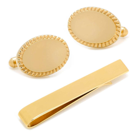 14K Gold Plated Rope Border Oval Cufflinks and Tie Bar Gift Set - Cufflinks.com - Flyclothing LLC