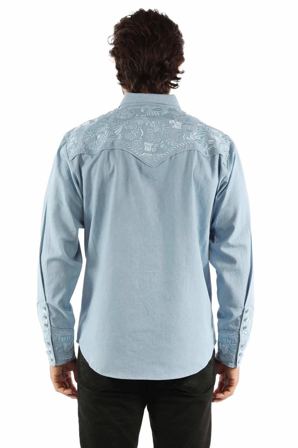 Scully Leather Light Blue Floral Tooled Embroidery Shirt - Scully Leather - Flyclothing LLC