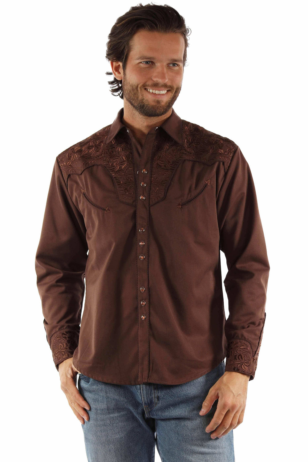 Scully Leather mocha floral tooled embroidery shirt - Scully Leather - Flyclothing LLC