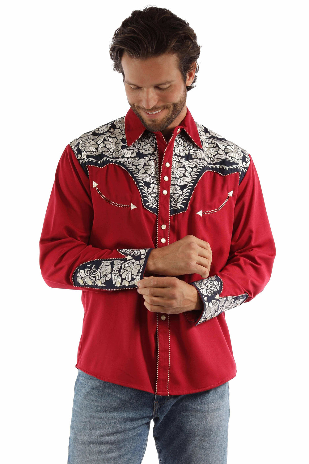 Scully Leather red white & blue floral tooled embroidery shirt - Scully Leather - Flyclothing LLC