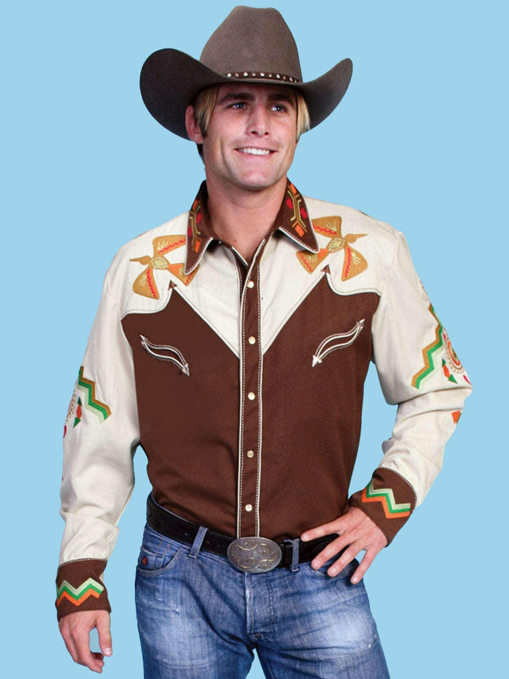Western Scully 65% polyester 35% rayon Brown Phoenix embroidery shirt - Scully Leather - Flyclothing LLC