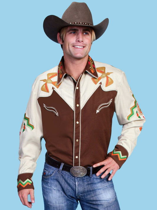 Western Scully 35% rayon 65% polyester Brown Phoenix embroidery shirt - Scully Leather - Flyclothing LLC