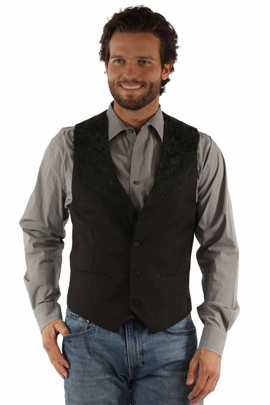 Western Scully Jet Black Floral Tooled Embroidered Vest - Scully Leather - Flyclothing LLC