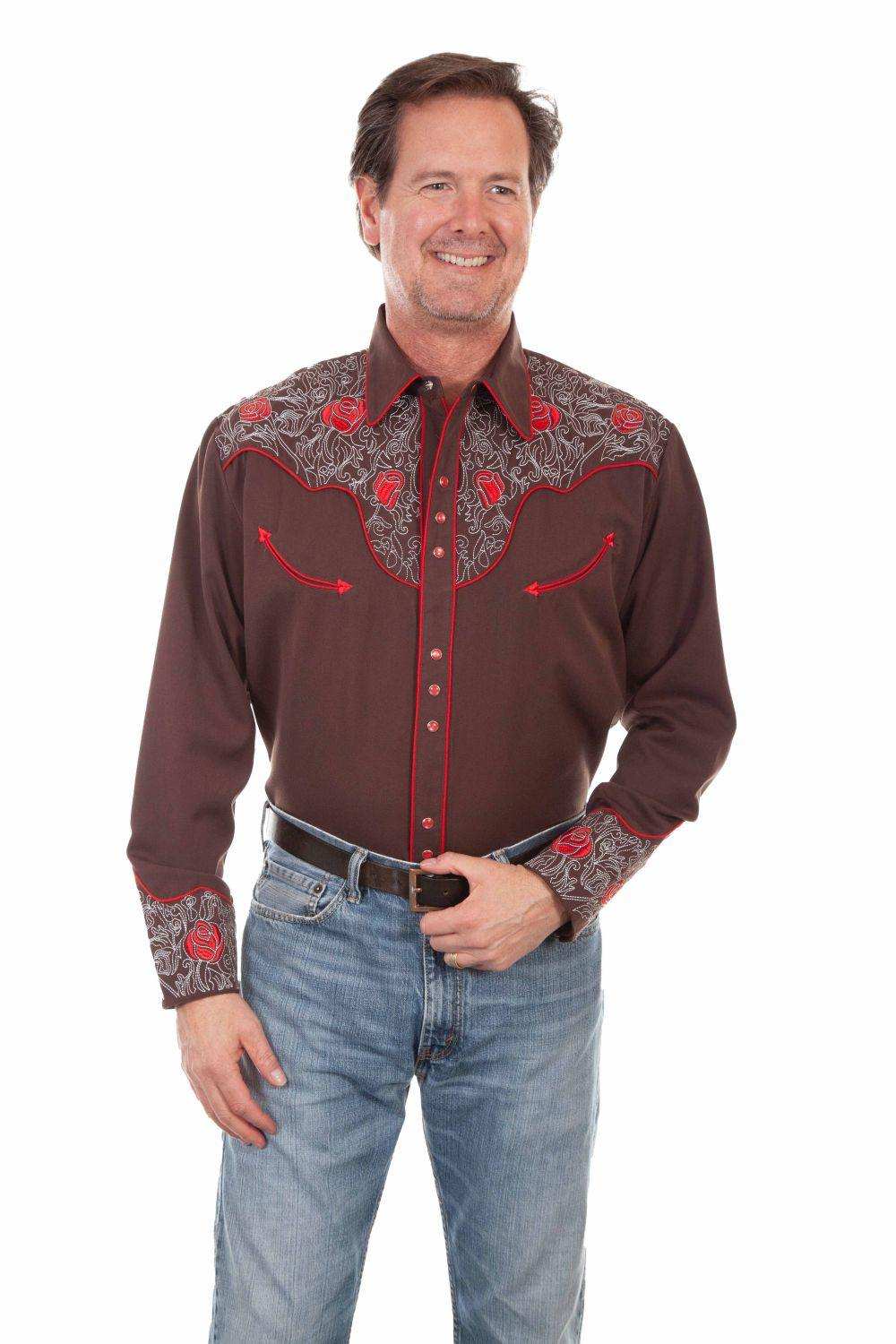 Scully Leather Brown Rose Embroidered Stitch Shirt - Scully Leather - Flyclothing LLC