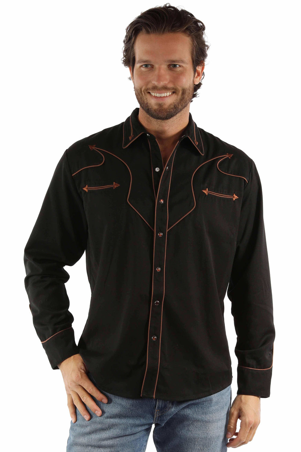 western scully black 65% polyester 35% rayon solid shirt with piping & arrows - Scully Leather - Flyclothing LLC