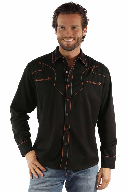 western scully black 65% polyester 35% rayon solid shirt with piping & arrows - Scully Leather - Flyclothing LLC