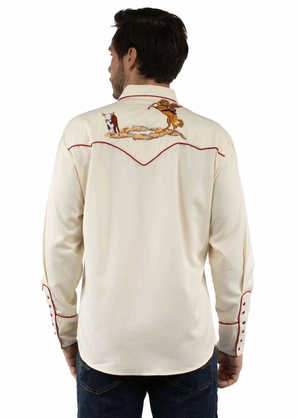 Western Scully 65% polyester 35% rayon Cream Cattle roper embroidered shirt - Scully Leather - Flyclothing LLC