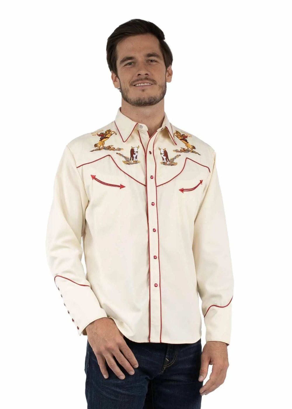 Western Scully 65% polyester 35% rayon Cream Cattle roper embroidered shirt - Scully Leather - Flyclothing LLC